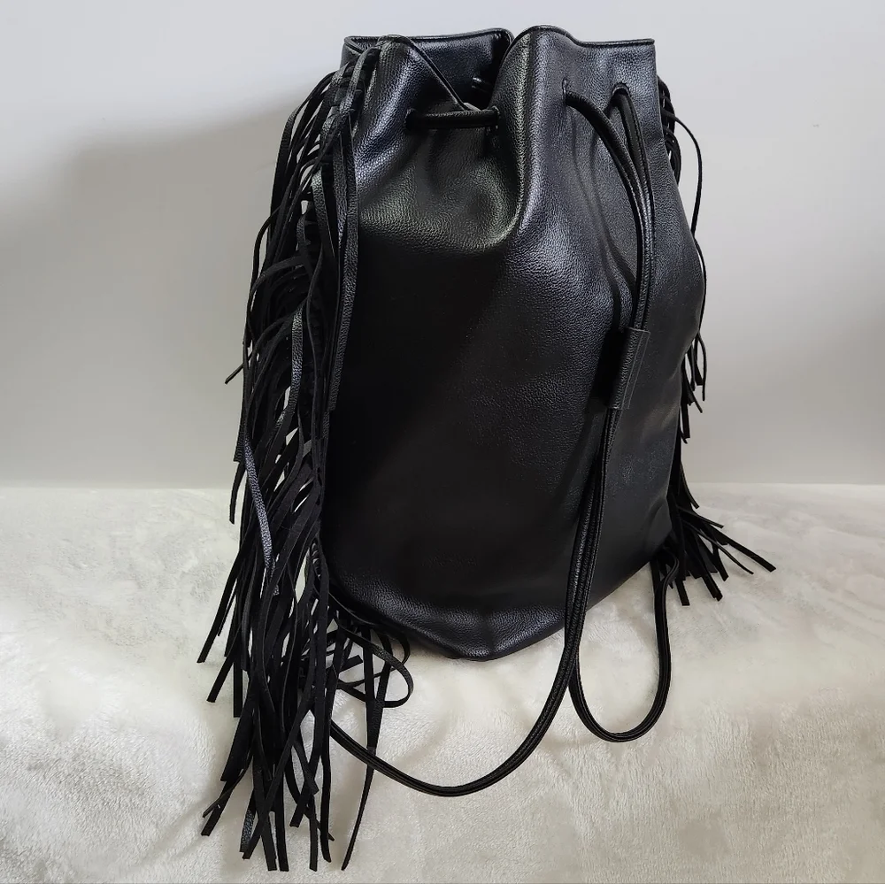 Victoria's Secret VS Black Faux Leather Western Boho Fringe Backpack NWT - Picture 8 of 16